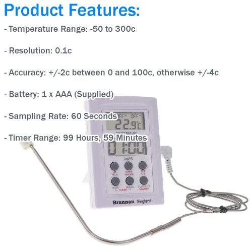 Handheld Digital Thermometer With Alarm & Timer | Brannan