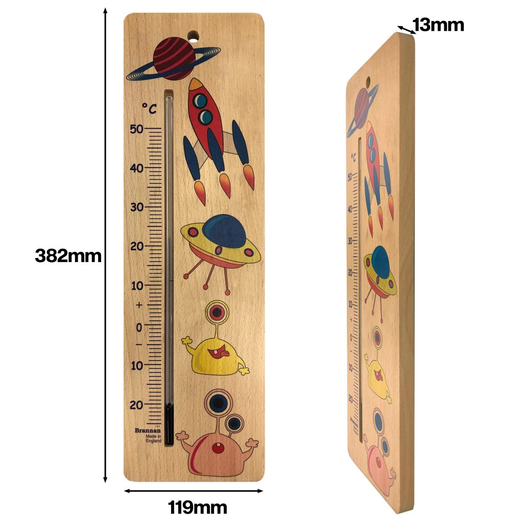 380mm wide wood wall thermometer - space design | Brannan